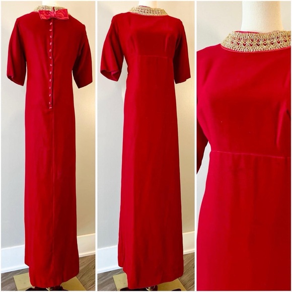 Vintage 1960s Red Velvet Dress Gold Elegant Event Renaissance Formal 60s 70s M L - Picture 1 of 8